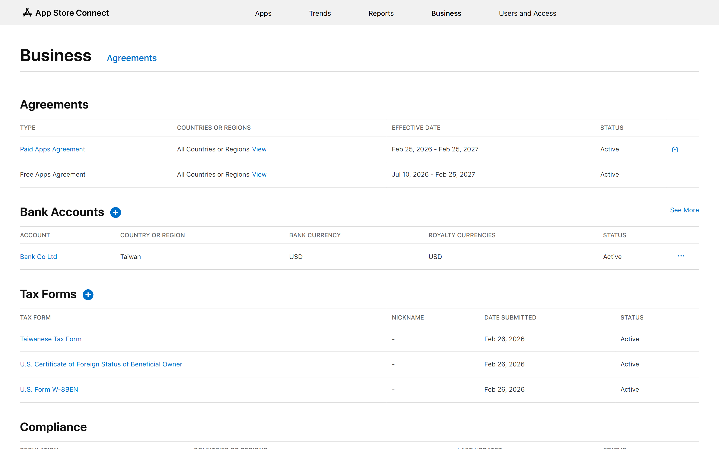 App Store Connect — Business & Tax